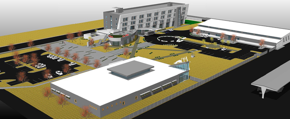 Office, Hangar, Dormitory and Cafeteria of the future EVA Flight Training Academy campus.